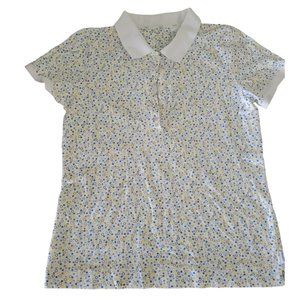 LizGolf Women's Golf Polo Size S (small) Miniature blue, yellow and gray dots an